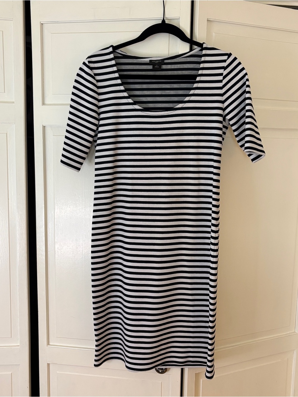 Ann Taylor Black and White Striped Scoop Neck Midi Dress